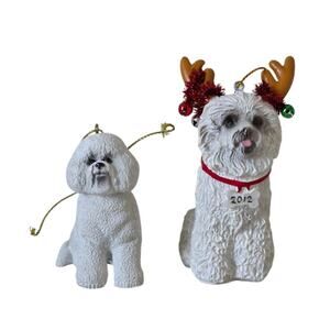 White Dog Christmas Ornaments Set of 2 Resin Figurines 2012 Reindeer Antlers